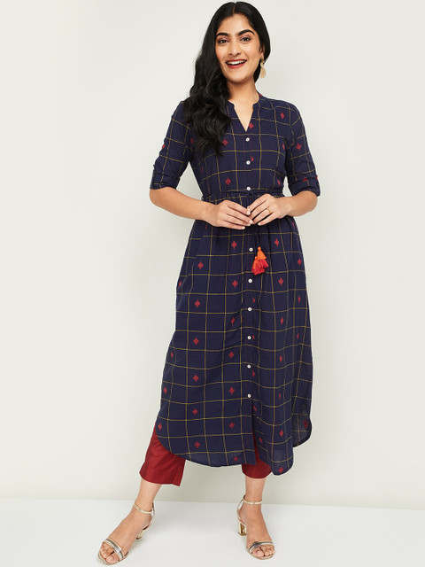 

Colour Me by Melange Women Navy Blue Checked A-Line Kurta
