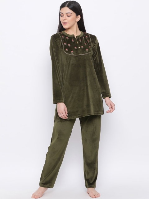 

Kanvin Women Olive Green & Pink Embroidered Night Suit