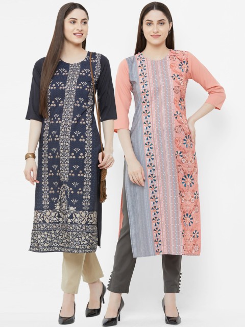 

7Threads Women Peach-Coloured & Blue Embroidered Straight Kurta