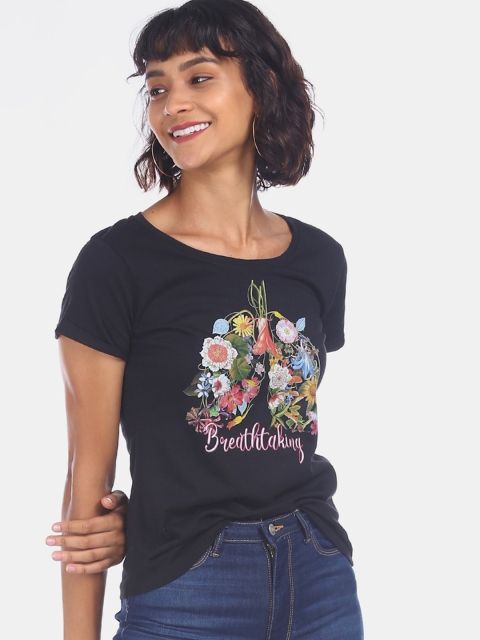 

Sugr Women Black Printed Boat Neck Cotton T-shirt