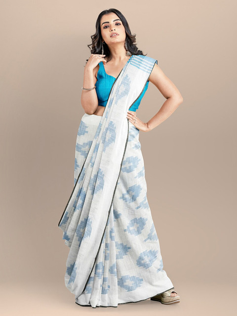 

BharatSthali White & Blue Pure Cotton Woven Design Pochampally Saree