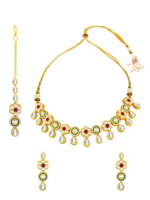 

Alamod Gold-Plated White & Green Kundan Ruby & Stone-Studded Jadau Jewellery Set