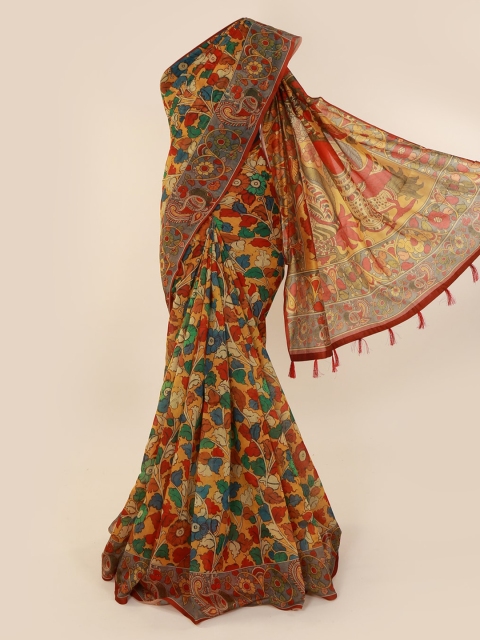 Pothys Yellow & Green Cotton Blend Printed Saree
