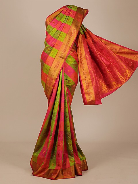 

Pothys Green & Pink Art Silk Checked Saree