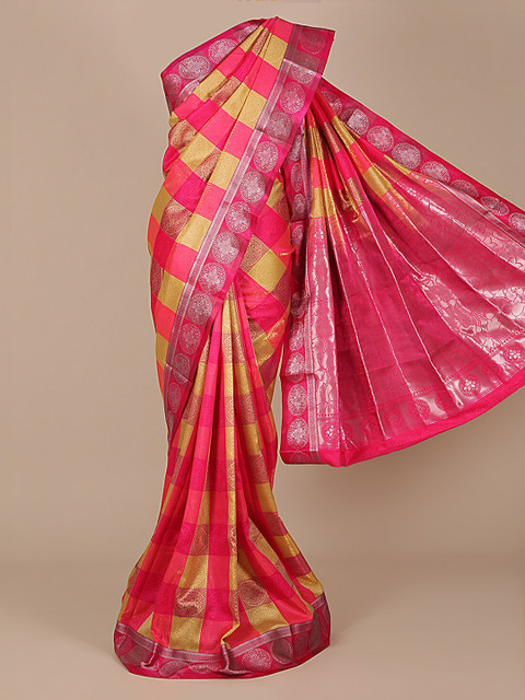 

Pothys Pink & Gold-Toned Art Silk Checked Saree