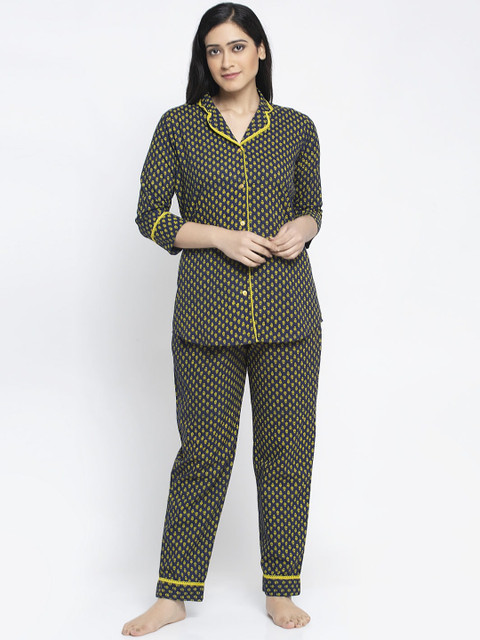 

Aujjessa Women Navy Blue & Yellow Printed Night Suit