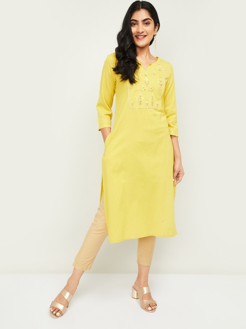 

Melange by Lifestyle Women Yellow Yoke Design Straight Kurta