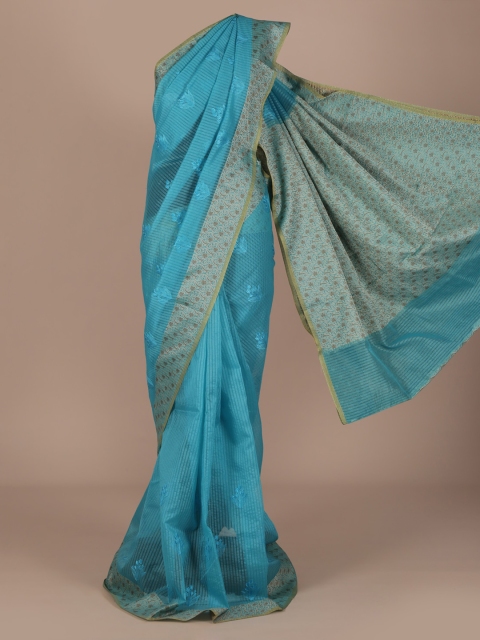 

Pothys Turquoise Blue Checked Cotton Blend Saree with Embroidered Ornamentation