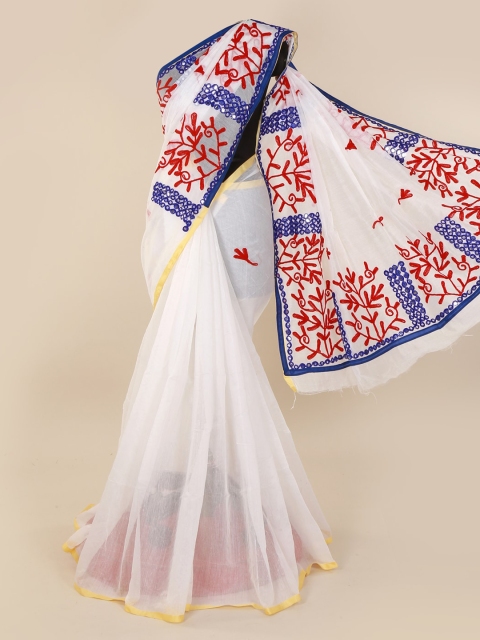 

Pothys White & Blue Cotton Blend Embroidered Saree
