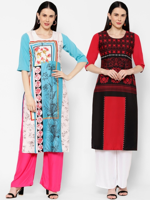 

7Threads Women Pack Of 2 Printed Straight Kurtas, Blue