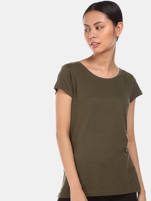 

Sugr Women Olive Green Solid Pure Cotton Round Neck T-shirt