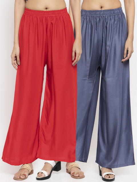 

NEUDIS Women Pack Of 2 Solid Flared Palazzos, Red