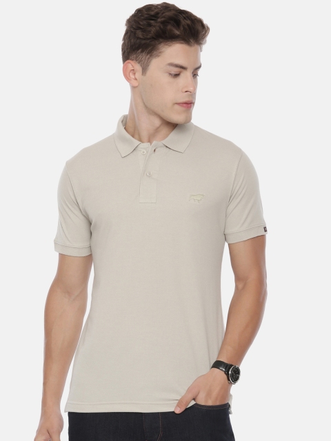 

Bushirt Men Beige Solid Polo Collar T-shirt