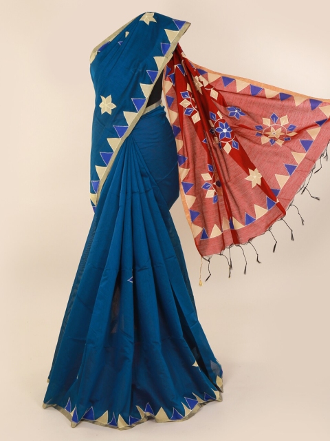

Pothys Navy Blue & Yellow Cotton Blend Embroidered Saree
