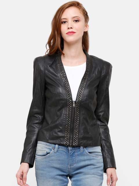 

STROP Women Black Solid Leather Biker Jacket