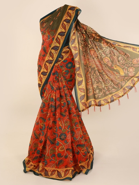 

Pothys Orange & Olive Green Cotton Blend Printed Saree