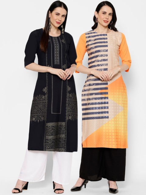 

7Threads Women Set Of 2 Black & Orange Printed Straight Kurta