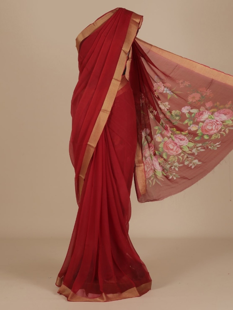 

Pothys Red & Gold-Toned Poly Chiffon Solid Saree