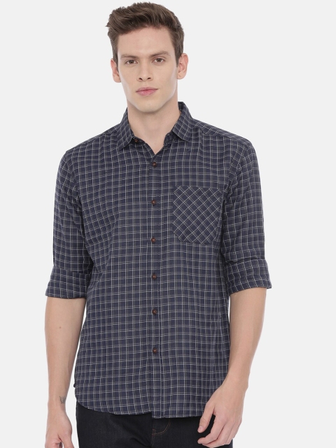 

William White Men Navy Blue Slim Fit Checked Casual Shirt