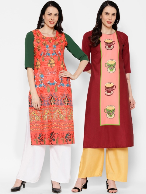 

7Threads Women Red & Orange Printed Straight Kurta