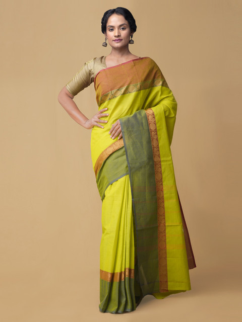 

Unnati Silks Green Pure Cotton Woven Design Kanjeevaram Saree
