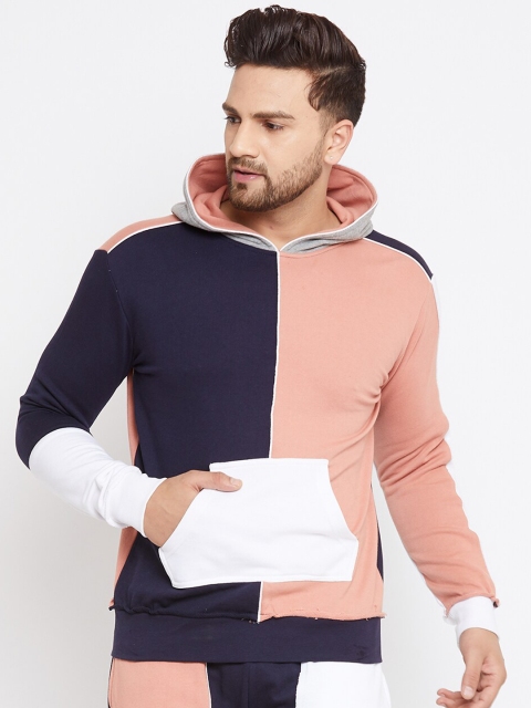

FUGAZEE Men Pink & Navy Blue Colourblocked Cotton Hooded Sweatshirt