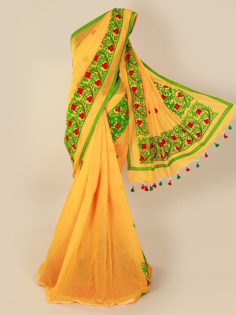 

Pothys Yellow & Green Cotton Blend Embroidered Saree