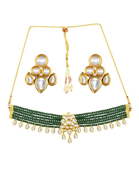 

Alamod Gold-Plated White & Green Kundan Studded Pearl Beaded Jewellery Set