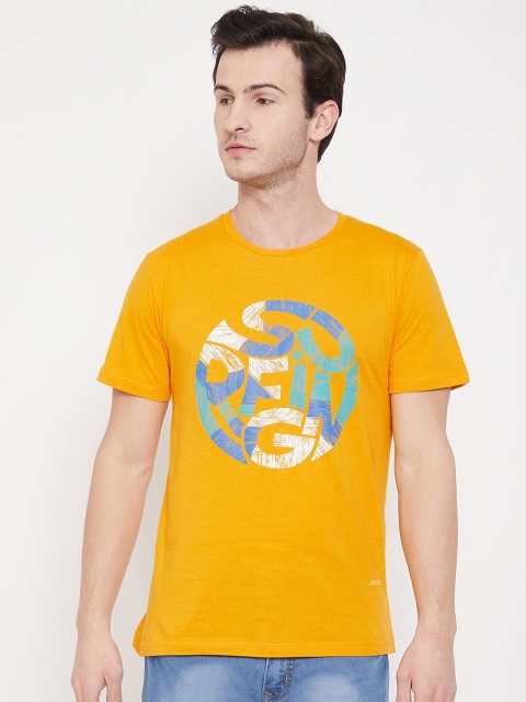 

Purple Feather Men Mustard Printed Round Neck Cotton T-shirt