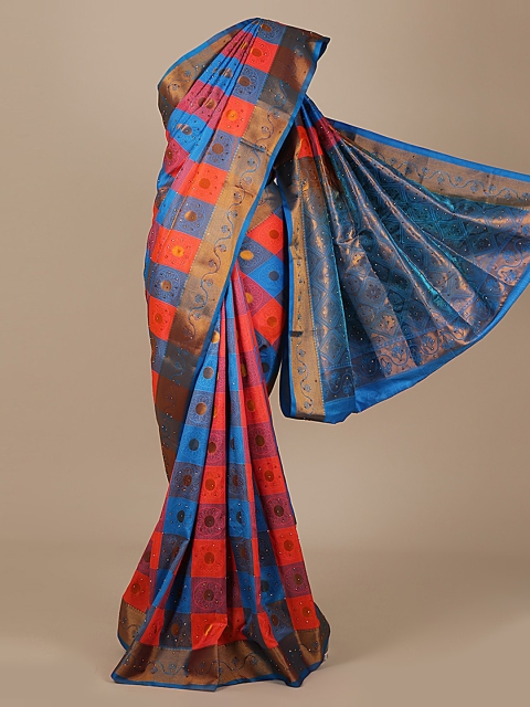 

Pothys Blue & Orange Art Silk Checked Saree