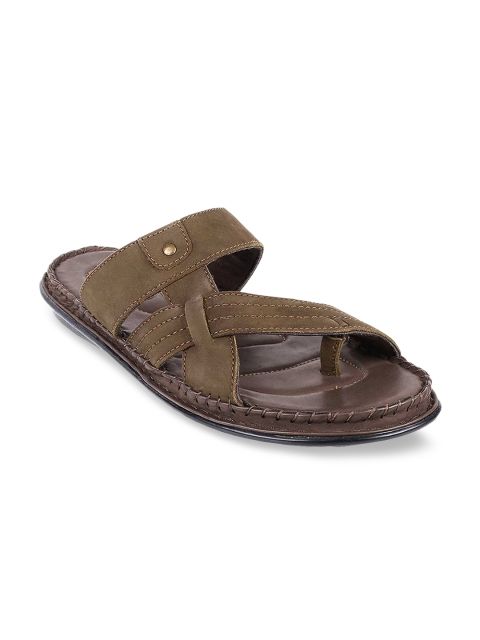 

Metro Men Olive Green Solid Leather Comfort Sandals
