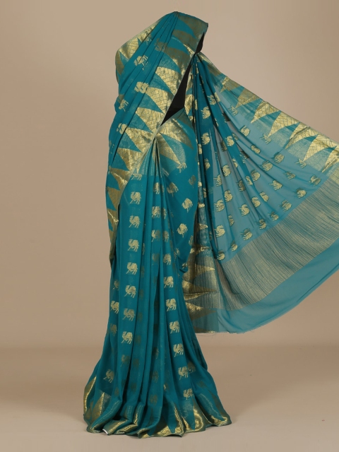 

Pothys Green & Gold-Toned Poly Chiffon Printed Saree