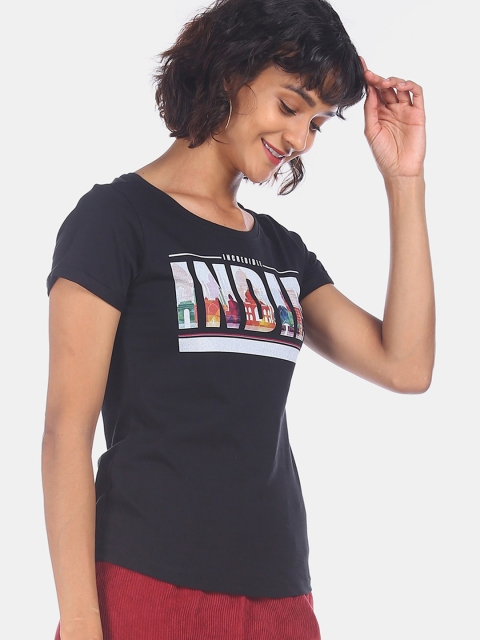 

Sugr Women Black Printed Round Neck Cotton T-shirt