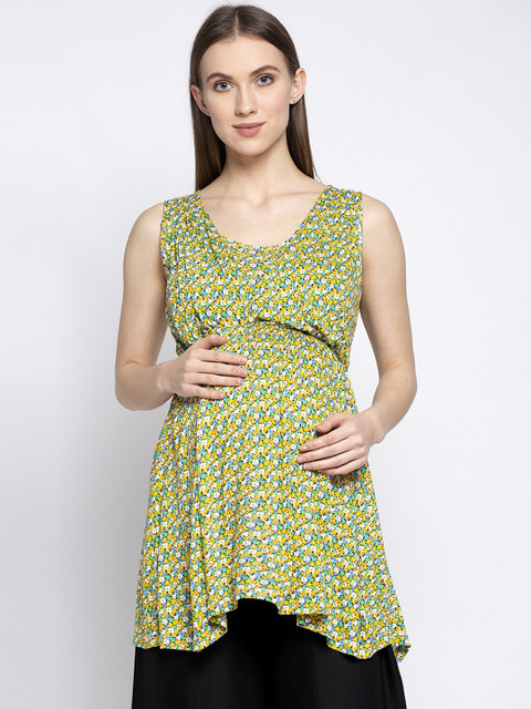 

Tiara Women Yellow & Green Printed Maternity Empire Pure Cotton Top