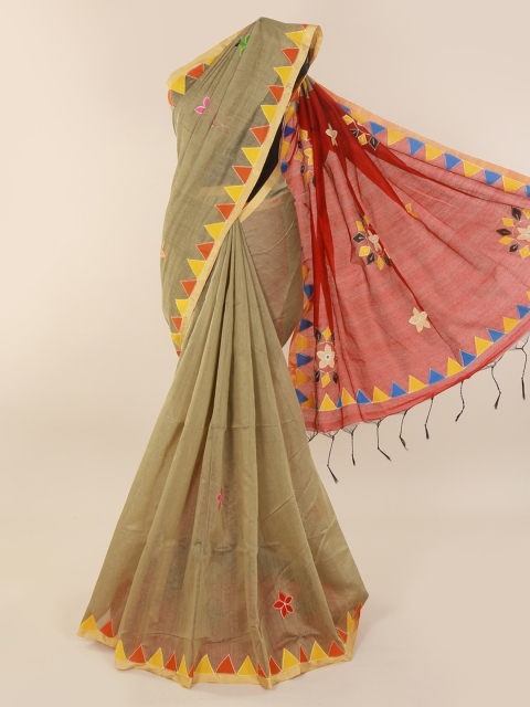 

Pothys Beige & Orange Cotton Blend Embroidered Saree