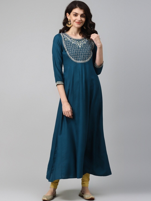 

Yufta Women Navy Blue Embroidered A-Line Kurta