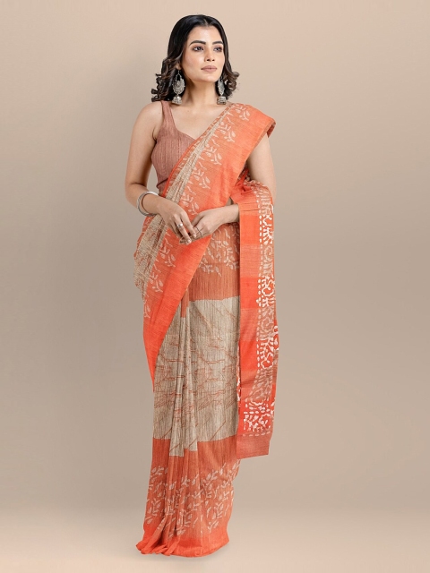 

BharatSthali Orange Silk Cotton Printed Handlooom Venkatgiri Sustainable Saree