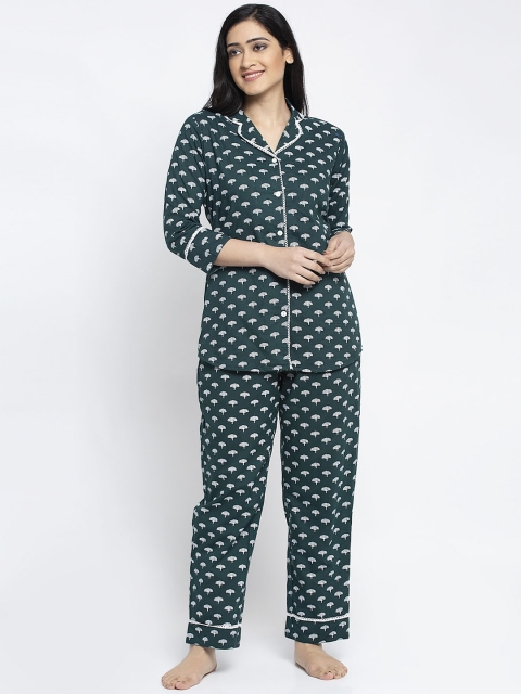 

Aujjessa Women Green & White Printed Night Suit