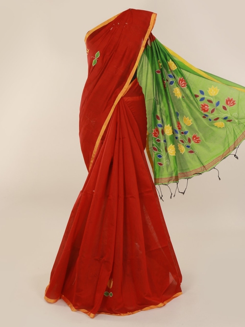 

Pothys Maroon & Green Cotton Blend Embroidered Saree