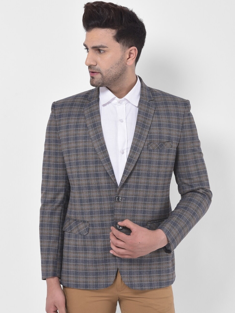 

LUXURAZI Men Grey & Brown Checked Single-Breasted Tailored Fit Party Blazer