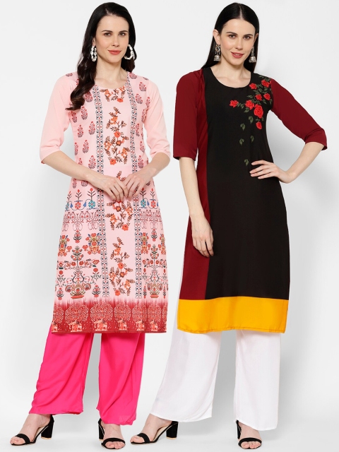 

7Threads Women Pack of 2 Printed A-Line Kurtas, Pink