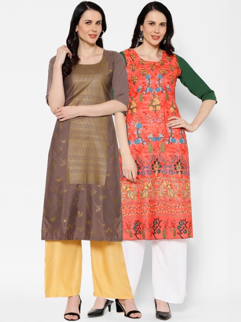 

7Threads Women Brown & Orange Printed Straight Kurta