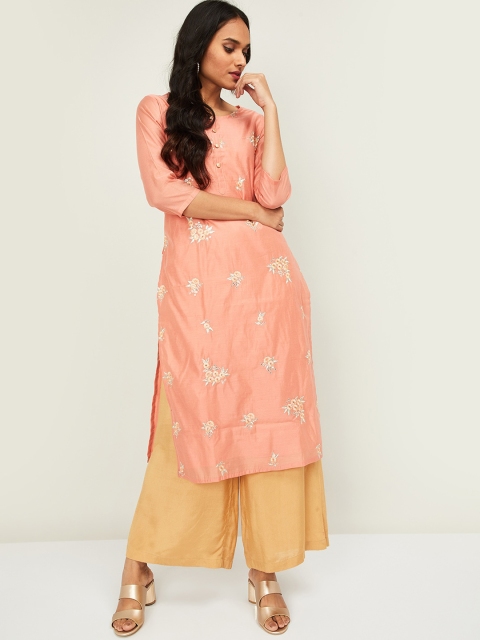 

Melange by Lifestyle Women Coral Pink Embroidered Straight Kurta