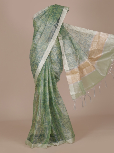 

Pothys Green Floral Printed Manipuri Cotton Blend Saree with Zari Border