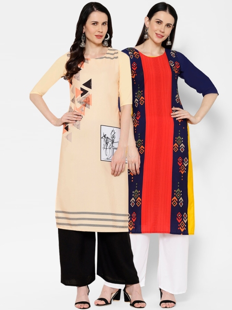 

7Threads Women Pack of 2 Printed Straight Kurtas, Peach