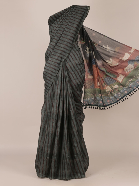 Pothys Green & Red Jute Silk Striped Saree