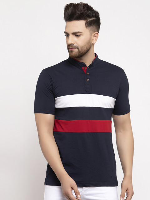 

Kalt Men Navy Blue Striped Mandarin Collar T-shirt