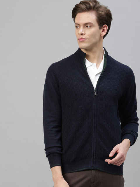 

RARE RABBIT Men Navy Blue Self Design Cardigan