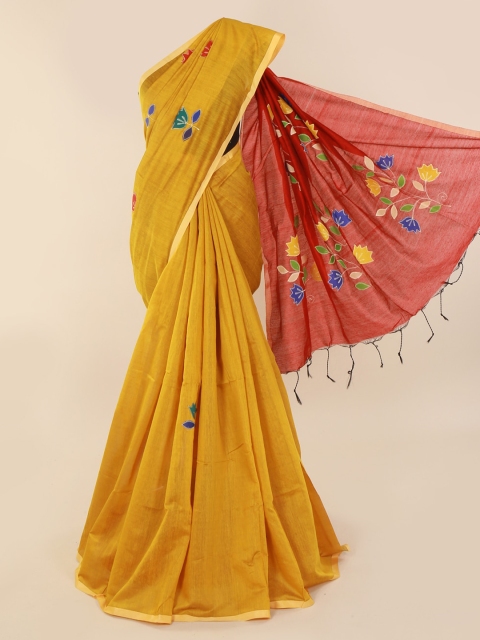 

Pothys Mustard & Red Cotton Blend Embroidered Saree