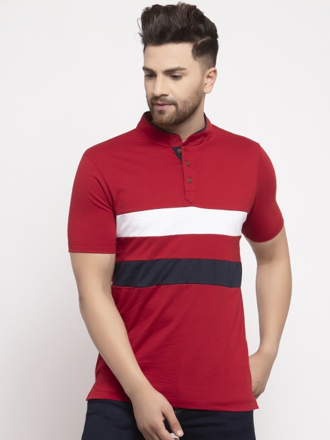 

Kalt Men Red Striped Mandarin Collar T-shirt